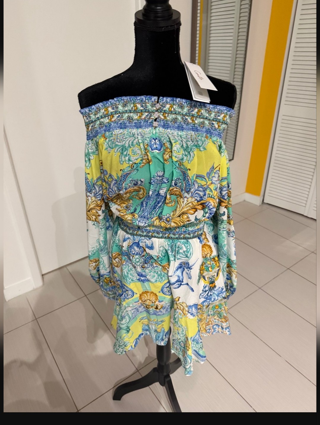 Camilla Yellow, Blue And Green Off-Shoulder Printed Dress